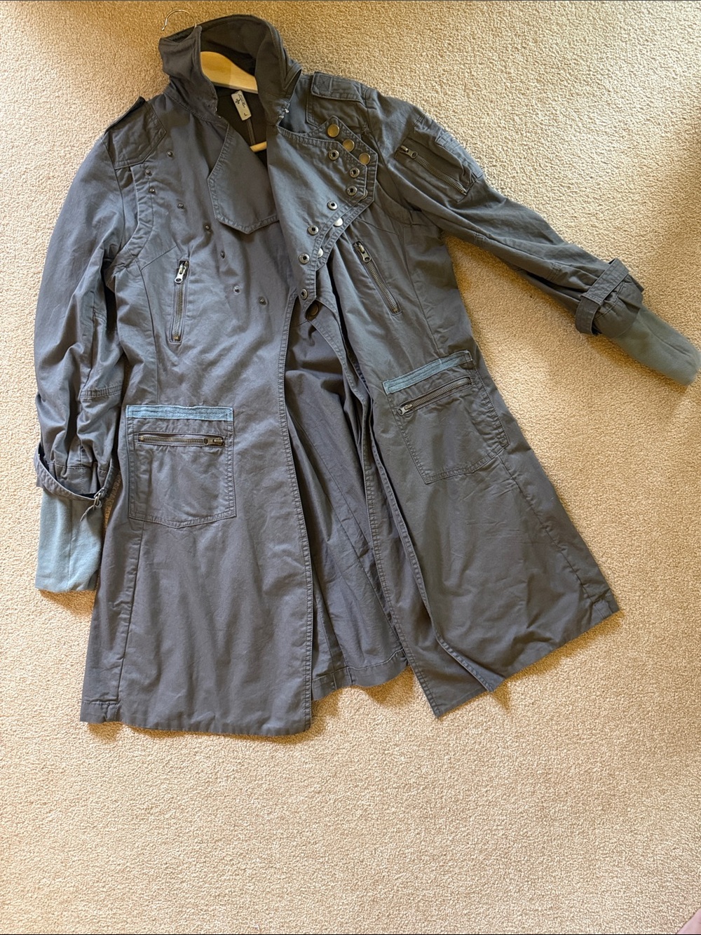 Women's Military-Style Long Trench Boutique Coat in Charcoal Gray